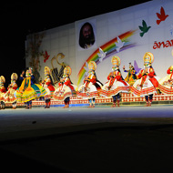 kathakali artists performing on stage